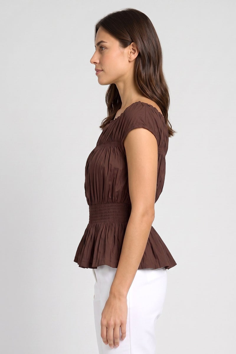 Threadbare Women Boat Neck Cap Sleeve Shirred Top, Chocolate - Image 3