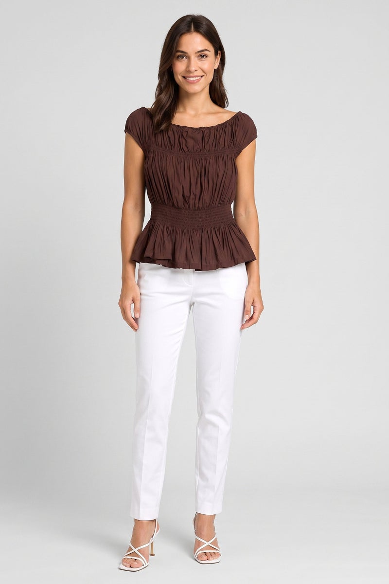 Threadbare Women Boat Neck Cap Sleeve Shirred Top, Chocolate - Image 2