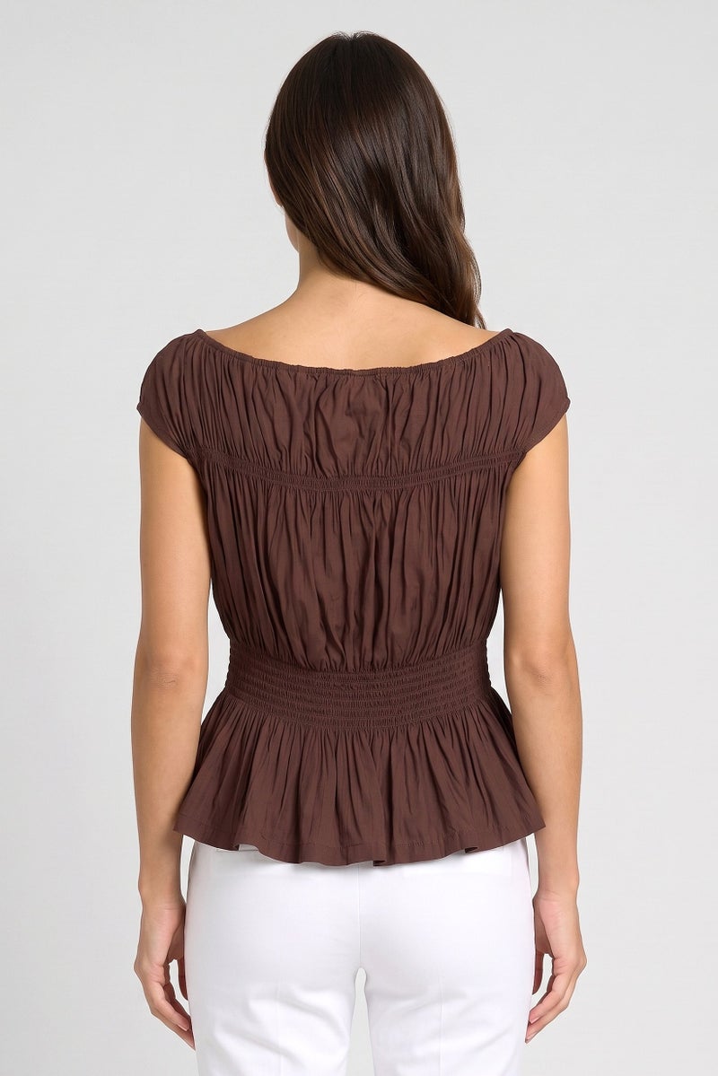 Threadbare Women Boat Neck Cap Sleeve Shirred Top, Chocolate - Image 4