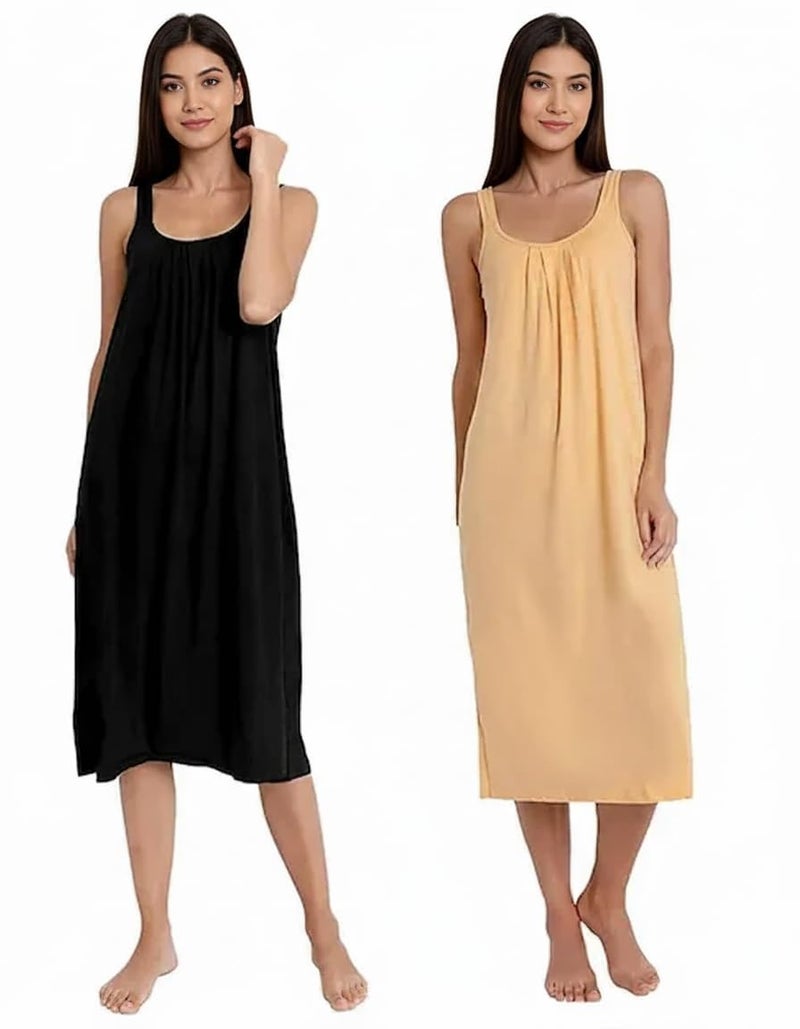 Garmend Cotton Full Length Long Camisole for Women - Long Innerwear Petticoat - Plus Size Nighty - Kurti Slip - Suit Slip - Cream Gold Black Color - Image 2