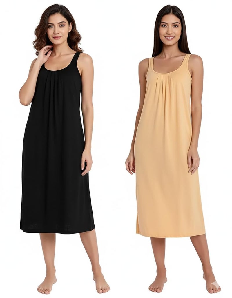 Garmend Cotton Full Length Long Camisole for Women - Long Innerwear Petticoat - Plus Size Nighty - Kurti Slip - Suit Slip - Cream Gold Black Color - Image 4