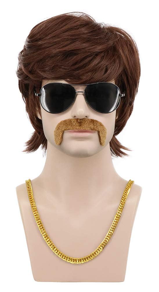 karlery karlery 3 Pieces Necklace Moustache Short Curly Dark Brown Disco Wig California 70s 80s Rocker Costume Wig Halloween Party Wig 