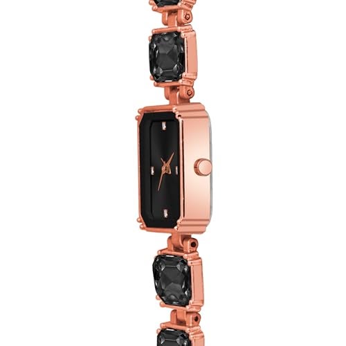 SWADESI STUFF Rectangular Dial Rose Gold Stainless Steel Quartz Watch for Women – 32mm Diamond Stone Studded Elegant Casual Wristwatch (Black & Pink Dial Options) (Black) - Image 3