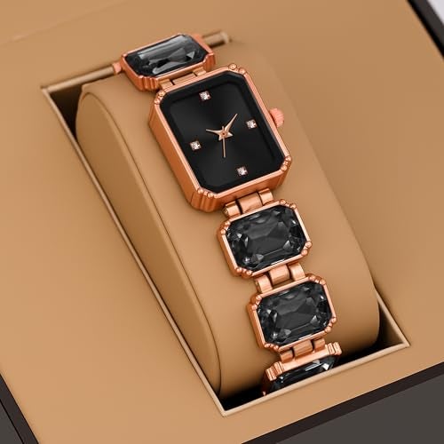 SWADESI STUFF Rectangular Dial Rose Gold Stainless Steel Quartz Watch for Women – 32mm Diamond Stone Studded Elegant Casual Wristwatch (Black & Pink Dial Options) (Black) - Image 2