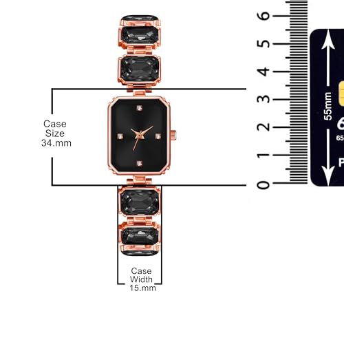 SWADESI STUFF Rectangular Dial Rose Gold Stainless Steel Quartz Watch for Women – 32mm Diamond Stone Studded Elegant Casual Wristwatch (Black & Pink Dial Options) (Black) - Image 4