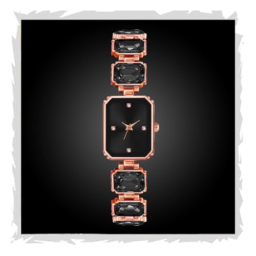 SWADESI STUFF Rectangular Dial Rose Gold Stainless Steel Quartz Watch for Women – 32mm Diamond Stone Studded Elegant Casual Wristwatch (Black & Pink Dial Options) (Black) - Image 1