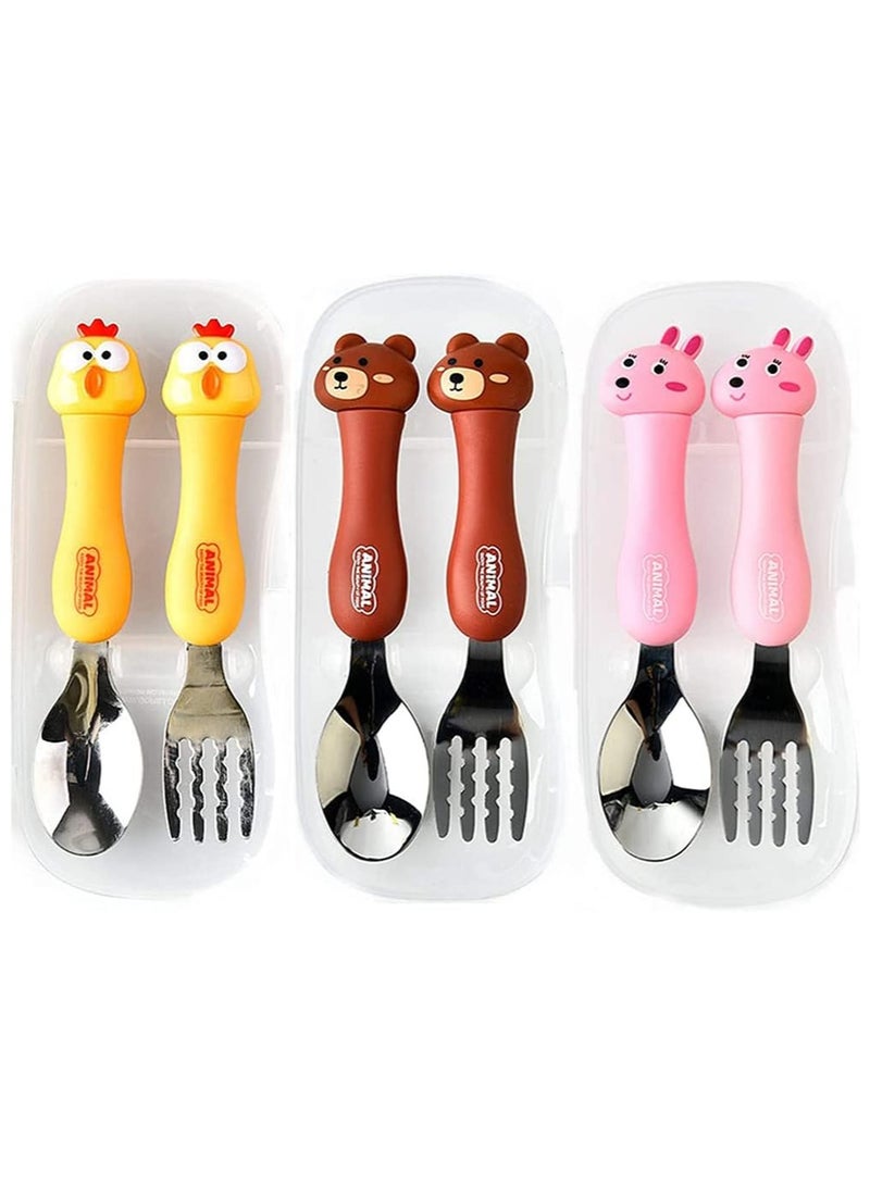 NANAO Toddler Utensils Set, 3PCS Kids Cutlery Sets Children's Portable Tableware Spoon & Fork Set with Plastic Case 304 Stainless Steel BPA Free Dishwasher Safe (Chicken, Bear, Bunny) - Image 1