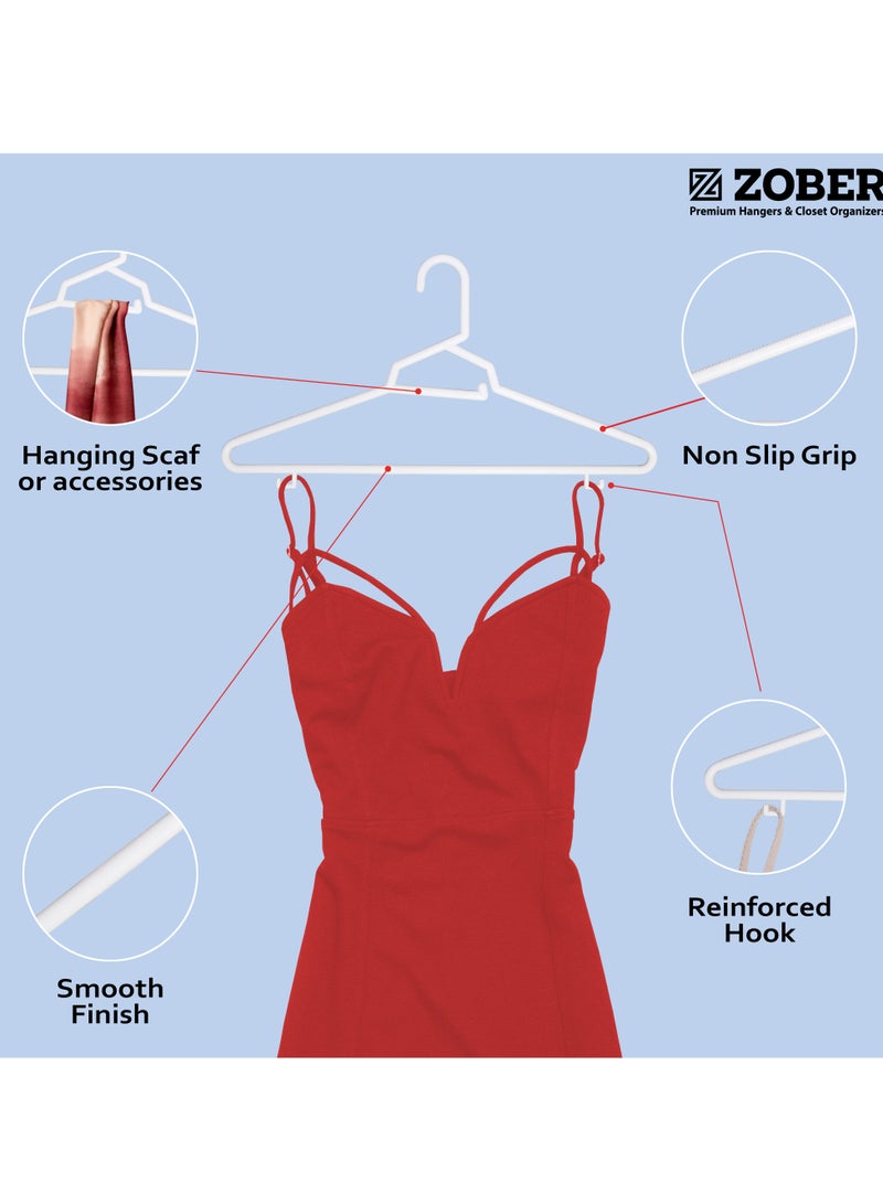 ZOBER Heavy Plastic Hangers with Strap Hooks, Non slip, Durable & Slim, Light-Weight Clothes Hangers For Coats, Jackets & Pants, Shirts, Dresses Hangs upto 10lbs (WHITE, 20 PACK)  - Image 2