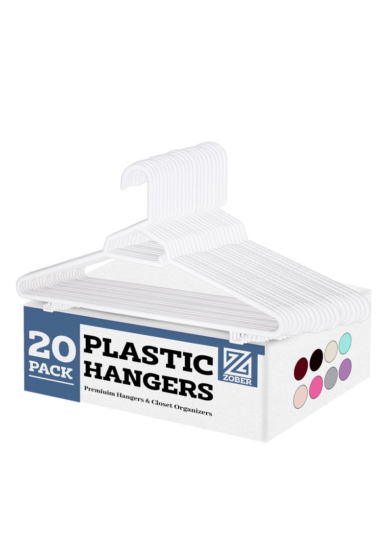 ZOBER Heavy Plastic Hangers with Strap Hooks, Non slip, Durable & Slim, Light-Weight Clothes Hangers For Coats, Jackets & Pants, Shirts, Dresses Hangs upto 10lbs (WHITE, 20 PACK)  - Image 1