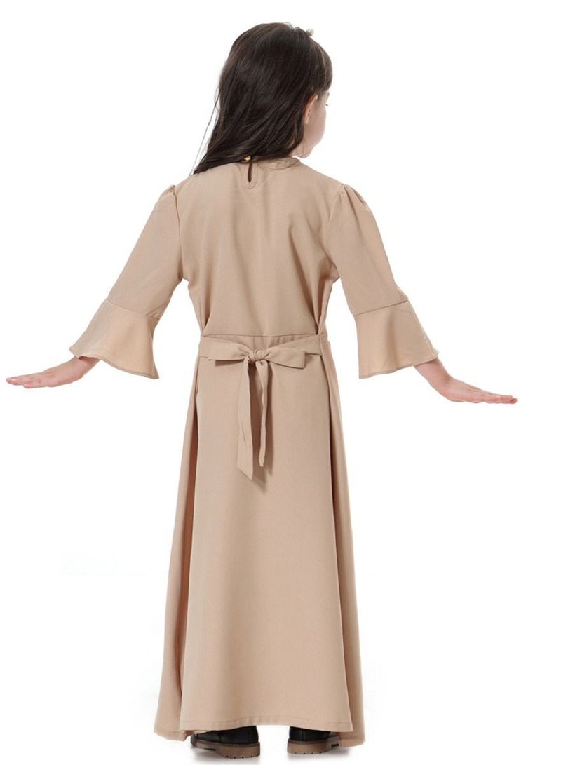 إسكدنيا Girls Decal Dress Long Dress With Flared Sleeves Khaki  - Image 2