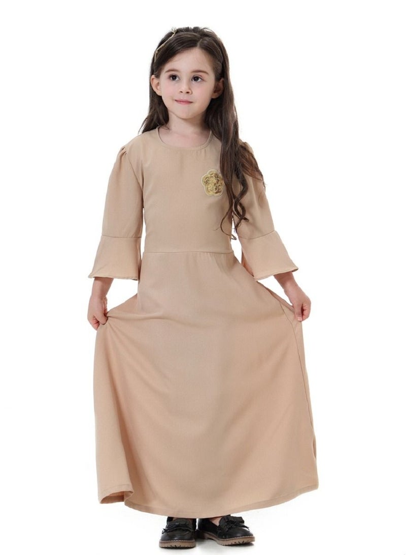 إسكدنيا Girls Decal Dress Long Dress With Flared Sleeves Khaki  - Image 1