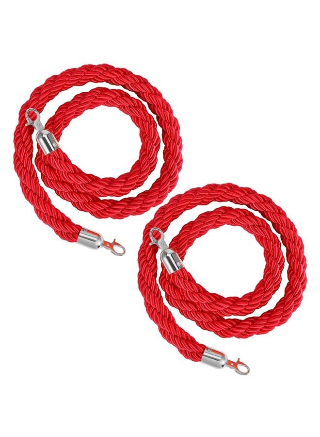 Flexzion Velvet Stanchion Rope (5FT, 2 Pack) 1.5" Thick Red Cord for Ball Crown Top Style Barriers Post, Crowd Queue Line Safe Control, Round Velour with Silver Plated Polished Snap Hook - Image 1
