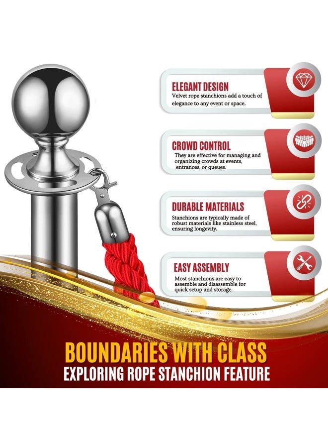Flexzion Velvet Stanchion Rope (5FT, 2 Pack) 1.5" Thick Red Cord for Ball Crown Top Style Barriers Post, Crowd Queue Line Safe Control, Round Velour with Silver Plated Polished Snap Hook - Image 3