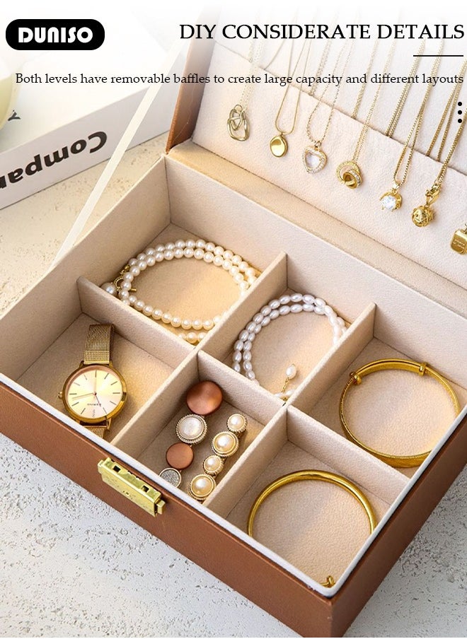 DUNISO Jewelry Box for Women, Large Capacity Double Layer Display Jewellery Organizer with Removable Tray & Partition, PU Leather Jewellery Storage Case, Travel Jewel Holder Cabinet for Earing, Necklace, Bracelet, Rings  - Image 3