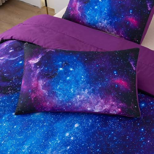 NINENINE Galaxy Bedding 5PCS Twin Size Comforter Sets for Girls Purple Bedding Set Bed in a Bag Space Bedding Set(1Comforter, 1Flat Sheet, 1Fitted Sheet, 2Pillowcases)… - Image 4