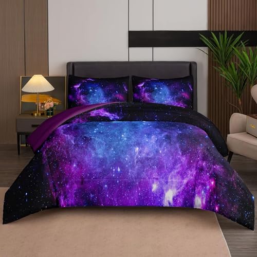 NINENINE Galaxy Bedding 5PCS Twin Size Comforter Sets for Girls Purple Bedding Set Bed in a Bag Space Bedding Set(1Comforter, 1Flat Sheet, 1Fitted Sheet, 2Pillowcases)… - Image 1