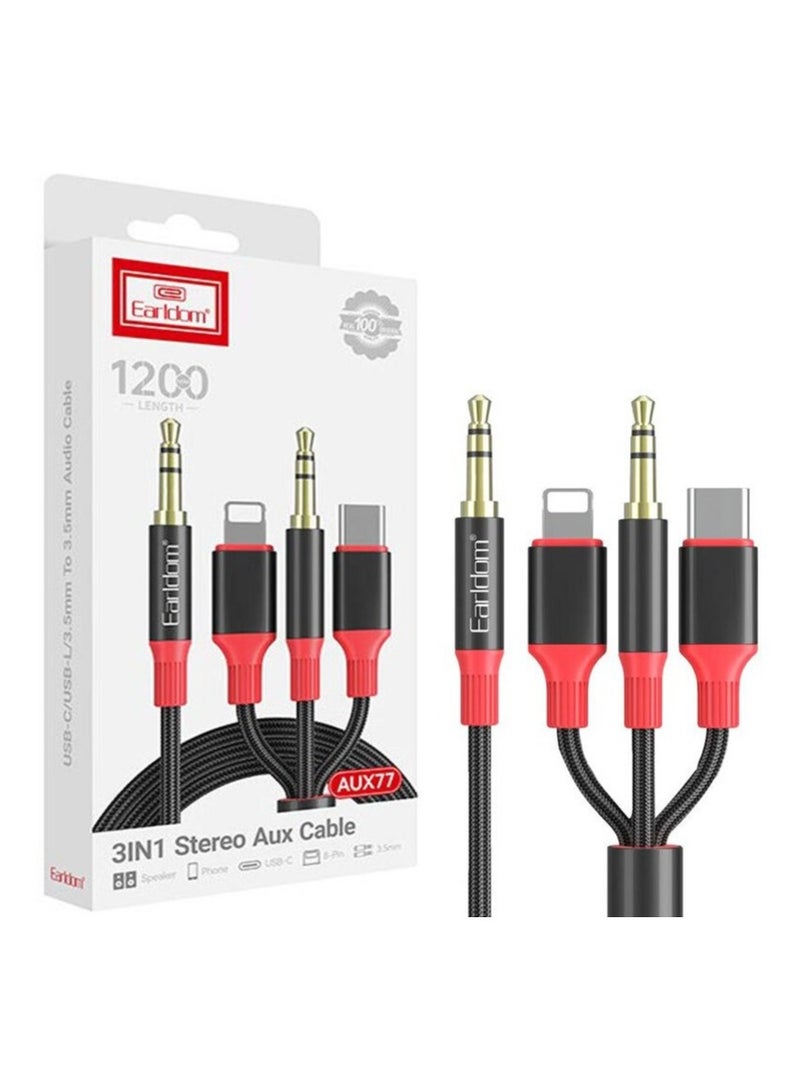 Earldom AUX77 3-in-1 Audio Cable – Universal Compatibility for Lightning, Type C & 3.5mm