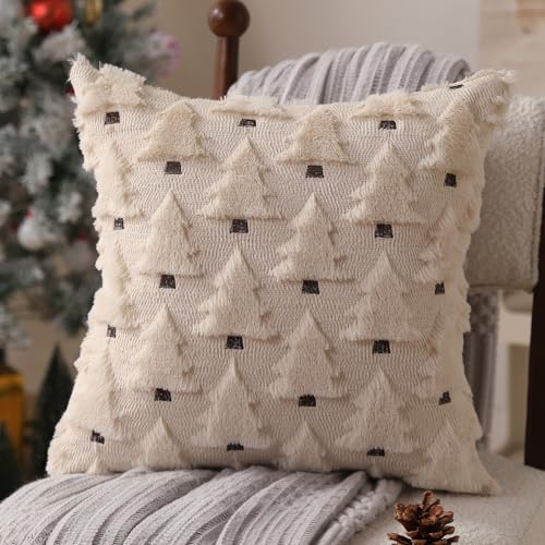 Allorry Christmas Pillow Covers 20x20 inch Set of 2 Xmas Decorations Soft Plush Faux Fur Wool Beige Christmas Tree Throw Pillow Cases Winter Holiday Decor for Sofa Living Room PT-002C20 - Image 3