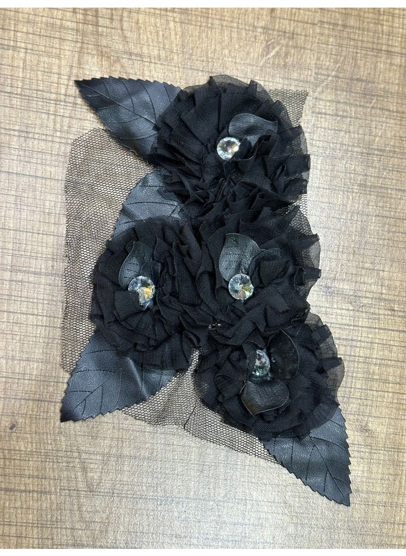 Gönülden Tasarım Heartfelt Design 19X14 cm Stoned Black Leather Detailed Flower Crest Patch Sewing Hobby Accessory 