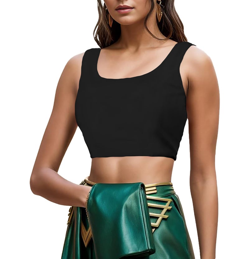 THE BLAZZE Women's Lycra Flashy Stretchable Square Neck Sleeveless Modern Wear Readymade Saree Blouses for Women L586 1044 (S, BLK) - Image 1