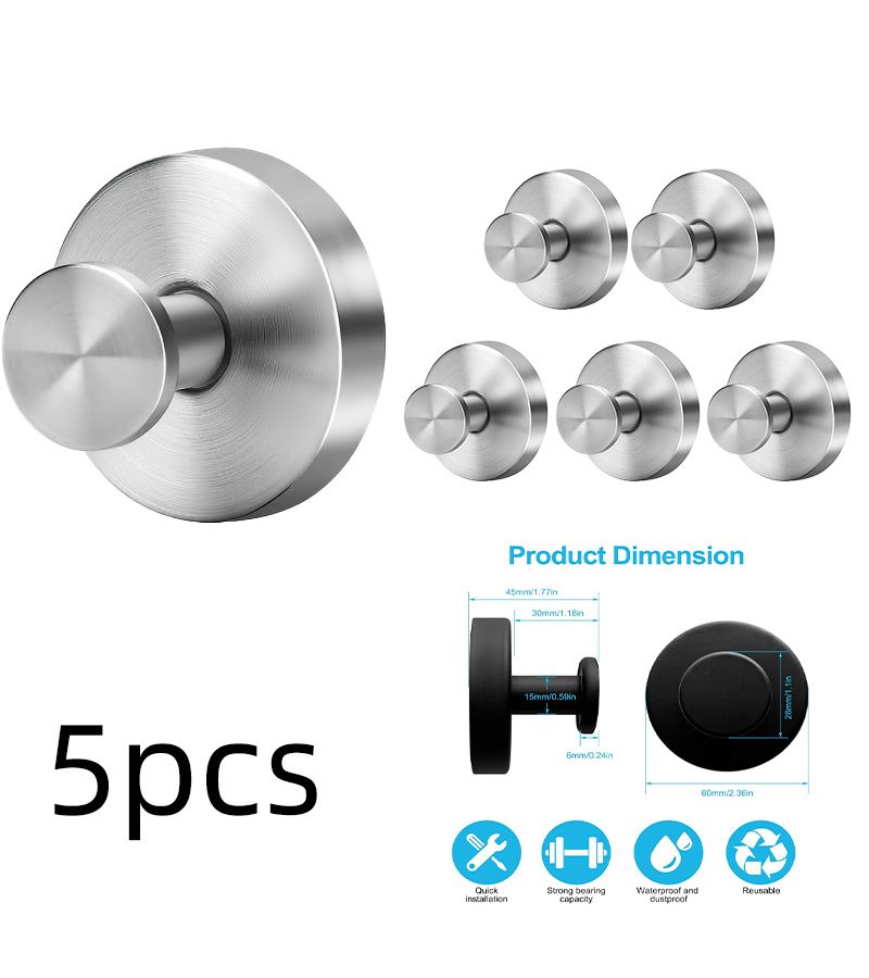5 Piece Set 304 Stainless Steel Black Bathroom Hooks Heavy Duty Adhesive Shower Hooks for Hanging Towels Bathrobes Loofahs Stick to Tiles Glass Mirrors Walls Doors Minimalist Style - Image 1