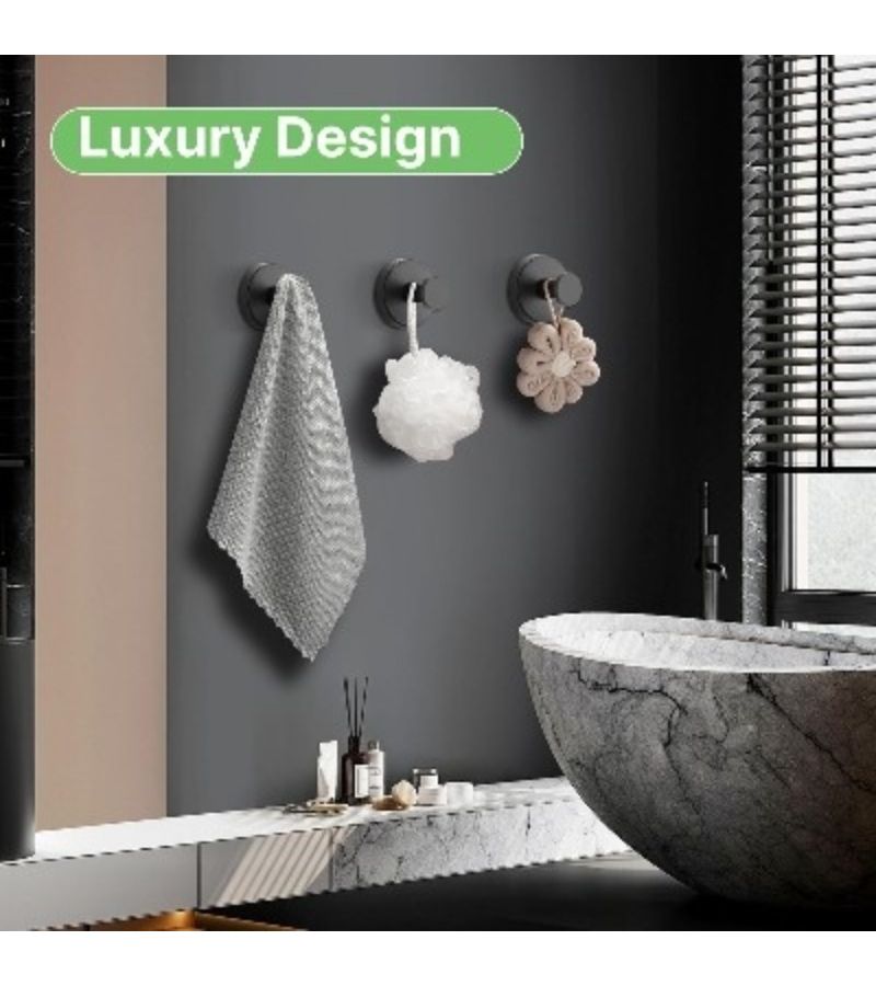 5 Piece Set 304 Stainless Steel Black Bathroom Hooks Heavy Duty Adhesive Shower Hooks for Hanging Towels Bathrobes Loofahs Stick to Tiles Glass Mirrors Walls Doors Minimalist Style - Image 5