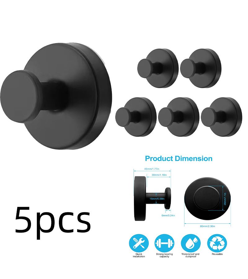 5 Piece Set 304 Stainless Steel Black Bathroom Hooks Heavy Duty Adhesive Shower Hooks for Hanging Towels Bathrobes Loofahs Stick to Tiles Glass Mirrors Walls Doors Minimalist Style - Image 3