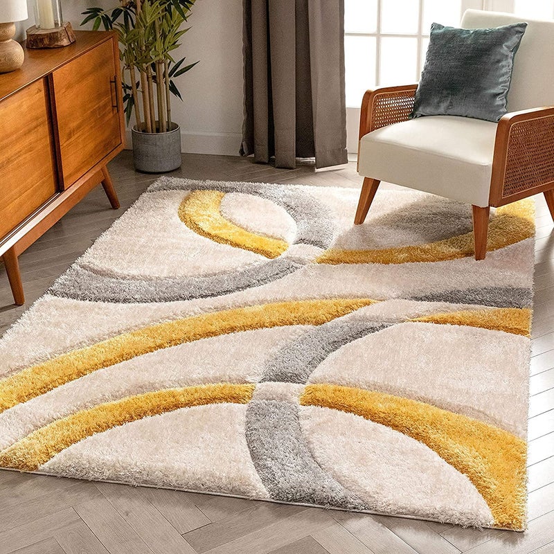 Shopgallery Shopgallery Modern Quality CarpetTrending Design Hand Woven Fluffy Rug RunnerMats for BedroomDinning HallLiving RoomTempleHotel Yellow Grey Ring 2 4 Feet 