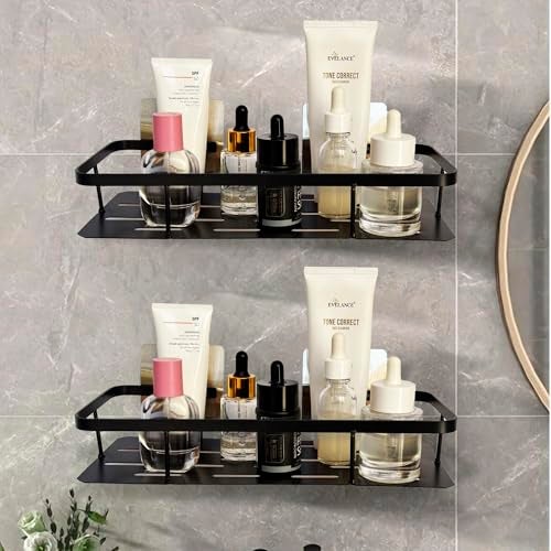 RACKORA Bathroom Stainless Steel Organiser Without Drill | Kitchen Organizer Rack | No Drill Wall Shelves | Bathroom Holder | Bathroom Rack | Stainless Steel Storage Shelf (Pack of 2, Black) - Image 1