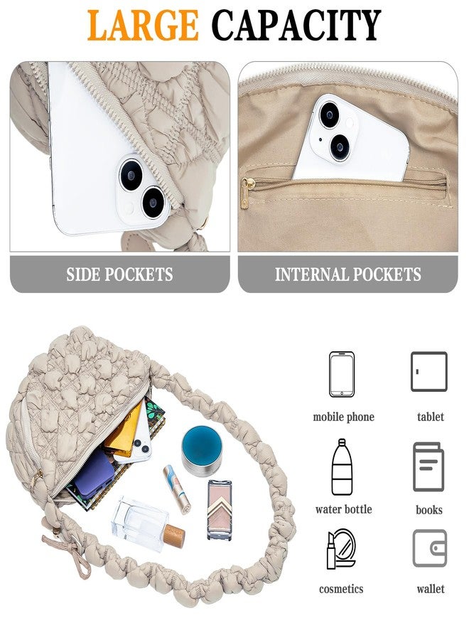 Larcenciel Women's Hobo Crossbody Bag, Quilted Puffy Shoulder Handbag with Zipper Closure & Drawstring Strap, Cute Ruched Cloud Purses Lightweight Crescent Tote Bag for Everyday Work Gym Travel, Beige - Image 5