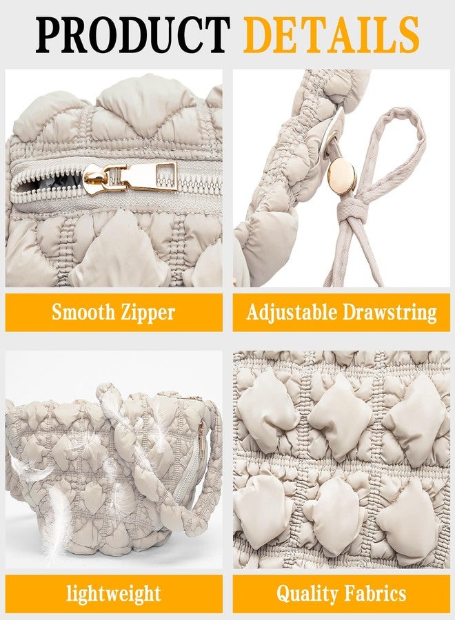 Larcenciel Women's Hobo Crossbody Bag, Quilted Puffy Shoulder Handbag with Zipper Closure & Drawstring Strap, Cute Ruched Cloud Purses Lightweight Crescent Tote Bag for Everyday Work Gym Travel, Beige - Image 3