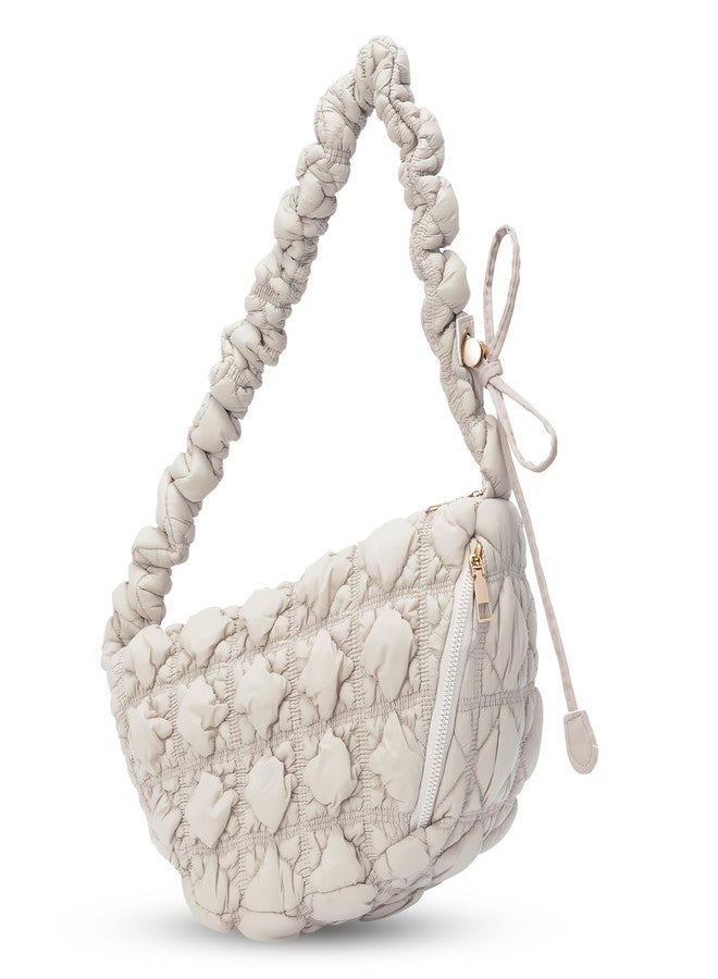 Larcenciel Women's Hobo Crossbody Bag, Quilted Puffy Shoulder Handbag with Zipper Closure & Drawstring Strap, Cute Ruched Cloud Purses Lightweight Crescent Tote Bag for Everyday Work Gym Travel, Beige - Image 1