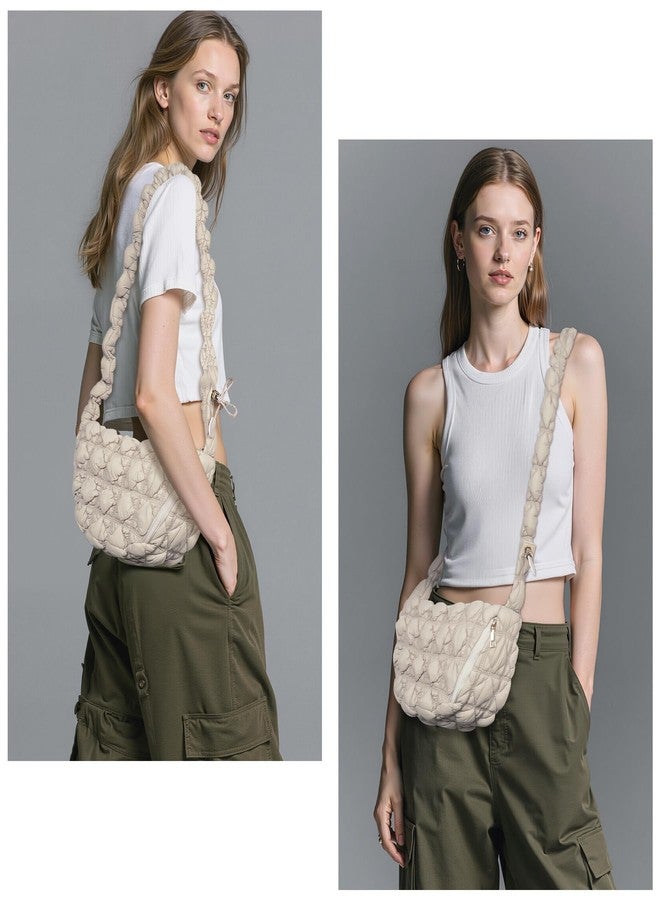 Larcenciel Women's Hobo Crossbody Bag, Quilted Puffy Shoulder Handbag with Zipper Closure & Drawstring Strap, Cute Ruched Cloud Purses Lightweight Crescent Tote Bag for Everyday Work Gym Travel, Beige - Image 2