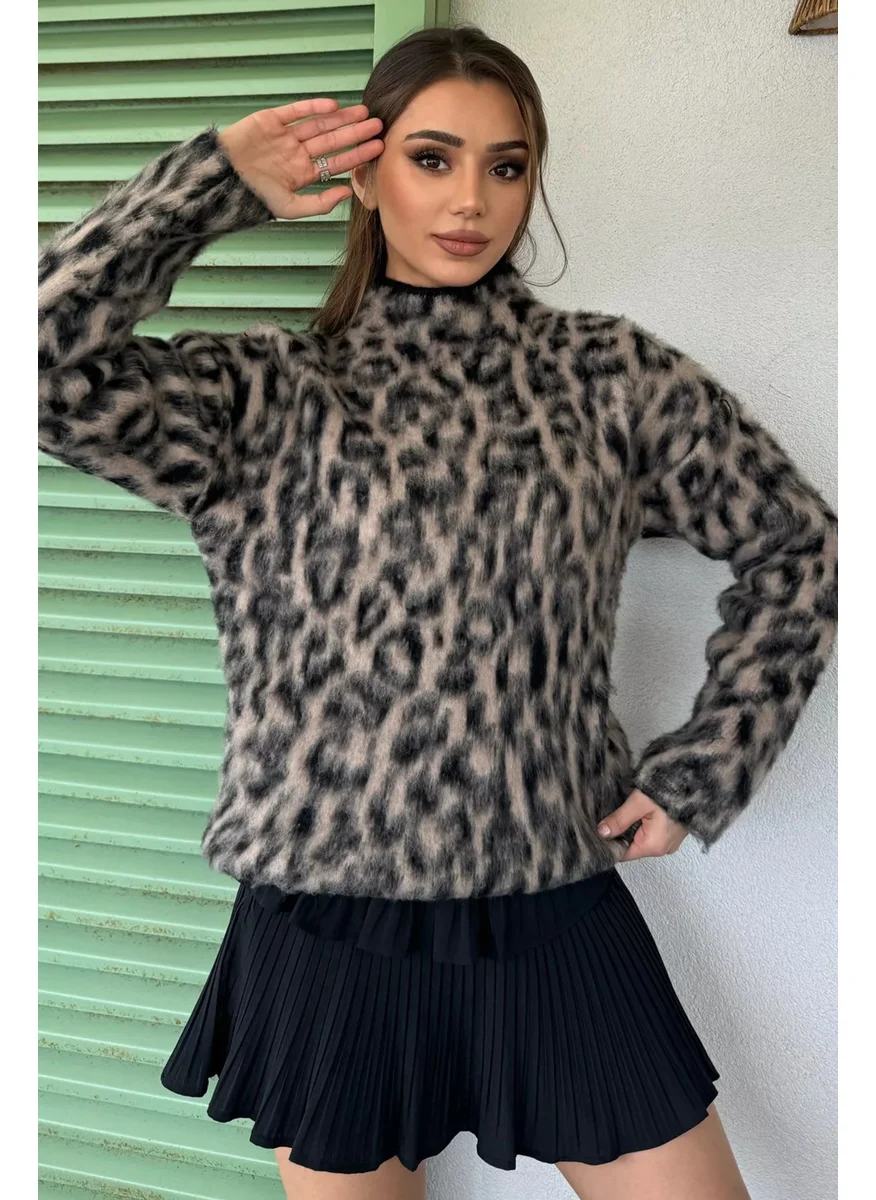 Gülseli Women's Leopard Patterned Bearded Knitwear Sweater