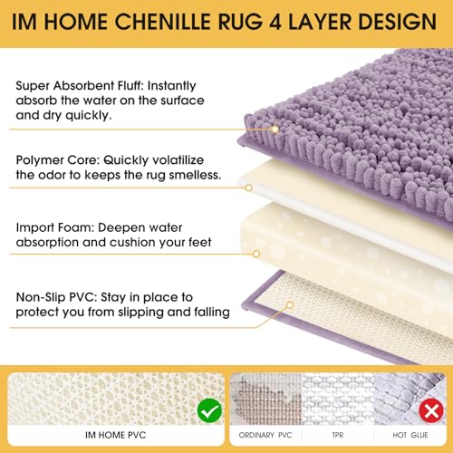 ACCUMTEK Upgrade Extra Large Lavender Bathroom Rug Set 3 Pieces Ultra Soft, Thick Absorbent Bath Mats, Non Slip Chenille Toilet Mat for Bathroom, Bedroom, Kitchen - Image 4