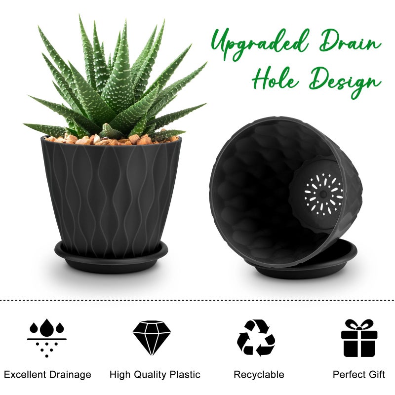 YNNICO 4 inch Plant Pots, 5 Pack Flower Pots Outdoor Indoor, Planters with Drainage Holes and Tray Saucers(Black) - Image 3