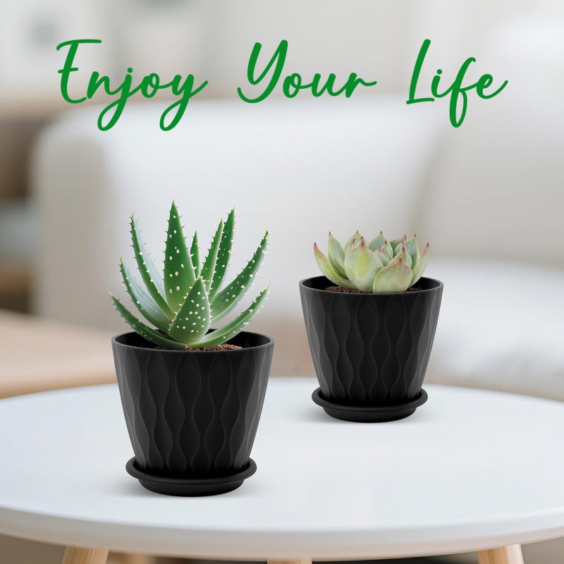 YNNICO 4 inch Plant Pots, 5 Pack Flower Pots Outdoor Indoor, Planters with Drainage Holes and Tray Saucers(Black) - Image 5