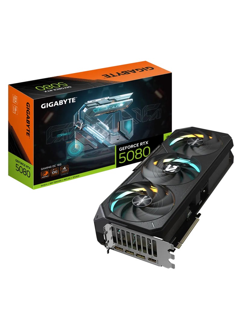 GIGABYTE GeForce RTX™ 5080 GAMING OC 16GB GDDR7 Graphics Card, 2730 MHz Core Clock, PCI-E 5.0, 30 Gbps Memory, 256-bit Memory Bus, WINDFORCE Cooling, RGB Halo, Dual BIOS, DisplayPort 2.1a x3, HDMI 2.1b, ATX, DirectX 12, OpenGL 4.6 | GV-N5080GAMING OC-16GD Black - Image 1
