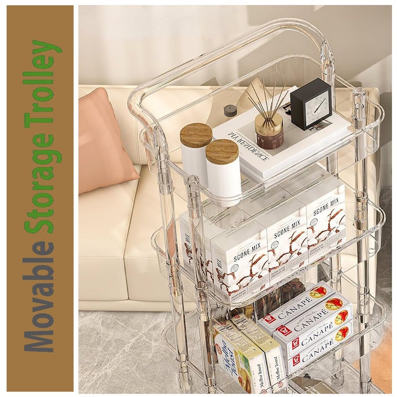 EVERMALL Acrylic 4 Tire Trolley with Wheels Foldable Shelf Storage Organizer Rolling Utility Cart with Handle Multifunctional Storage Trolley Space Saving Rack For Home Kitchen Office Transparent - Image 4