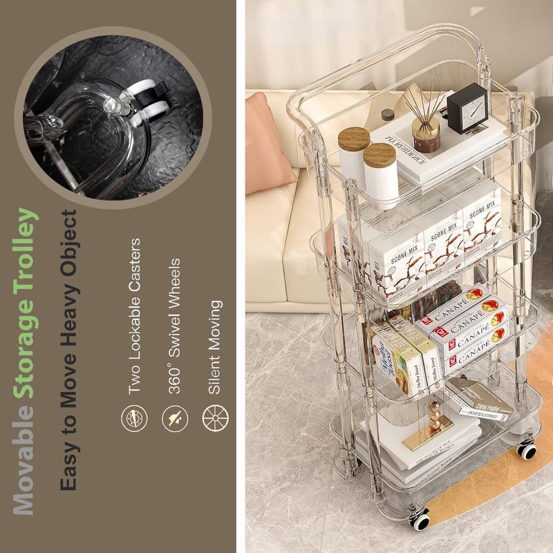 EVERMALL Acrylic 4 Tire Trolley with Wheels Foldable Shelf Storage Organizer Rolling Utility Cart with Handle Multifunctional Storage Trolley Space Saving Rack For Home Kitchen Office Transparent - Image 2