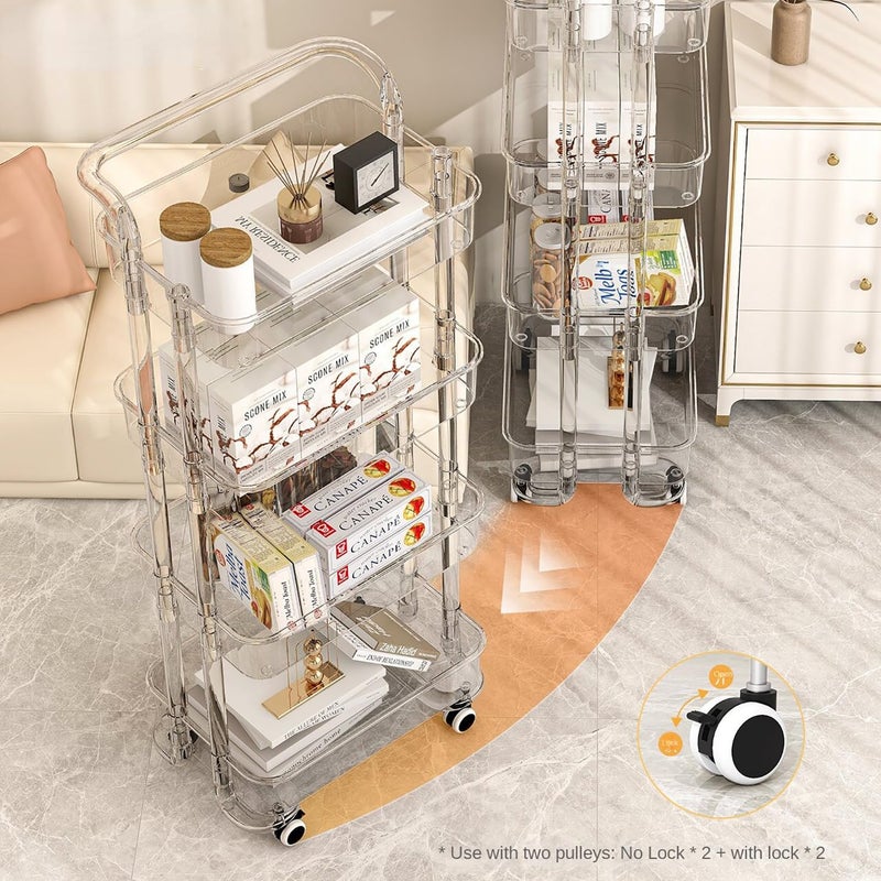 EVERMALL Acrylic 4 Tire Trolley with Wheels Foldable Shelf Storage Organizer Rolling Utility Cart with Handle Multifunctional Storage Trolley Space Saving Rack For Home Kitchen Office Transparent - Image 5