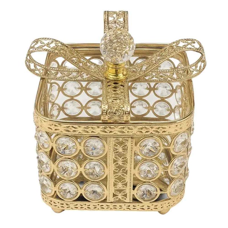 Vintage Square Jewelry Box With Crystal Stone in Metal Frame And Bow Knot Lid- Golden