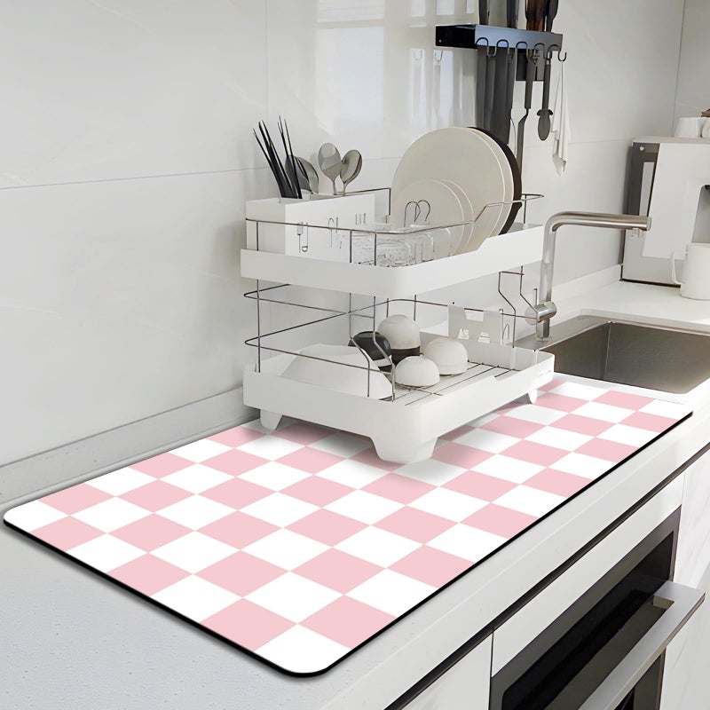 Dish Drying Mat for Kitchen 157 x 236 Checkered Coffee Bar Mat for Countertops Coffee Station Mat with Nonslip Rubber Backed Absorbent Dish Dying Pat for Kitchen Counter Pink  White