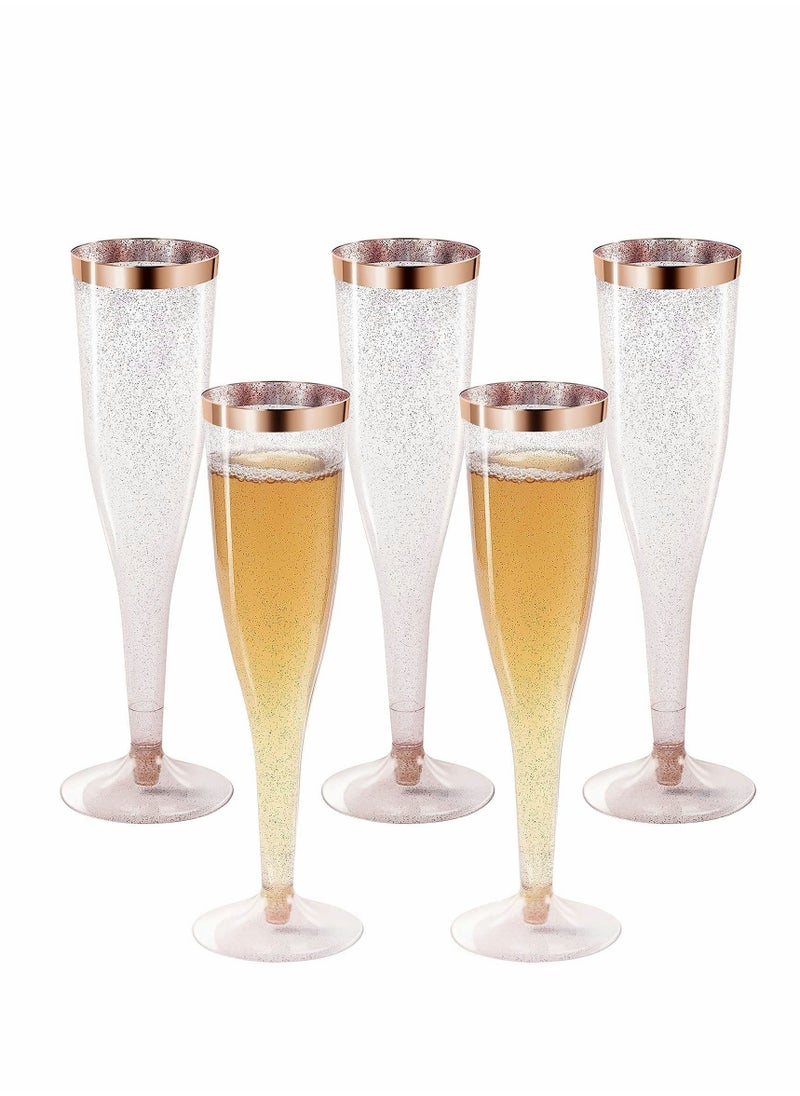 KASTWAVE Plastic Drink Flutes Disposable, Gold Rim Gold Glitter Plastic Drink Flutes Disposable for Parties Clear Plastic Cups, drinks Glasses, Wedding and Shower Party Supplies 12 PCS (Rose Gold)  - Image 1