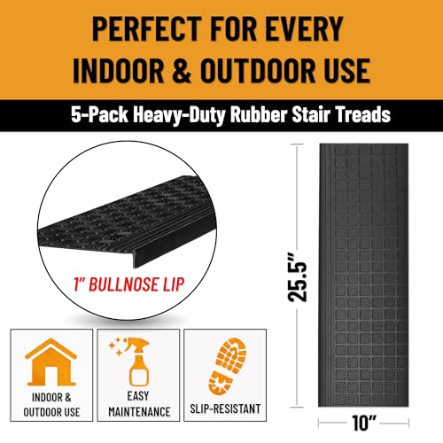 Ottomanson Outdoor Bullnose Stair Treads – Grid Heavy-Duty Non Slip Stair Mats – Strong Grip for Concrete, Brick & Textured Steps – Requires Fastening on Wooden & RV Steps, Pack of 5 - Image 2