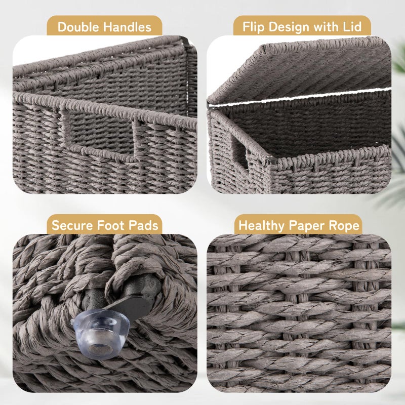 OIAHOMY Laundry Hamper with Lid, 23.8 Gal (90L) Wicker Hamper with Removable Liner Bags, Handwoven Clothes Basket with Handles, Foldable Woven Paper Rope Basket for Laundry Room, Bedroom-Grey - Image 5