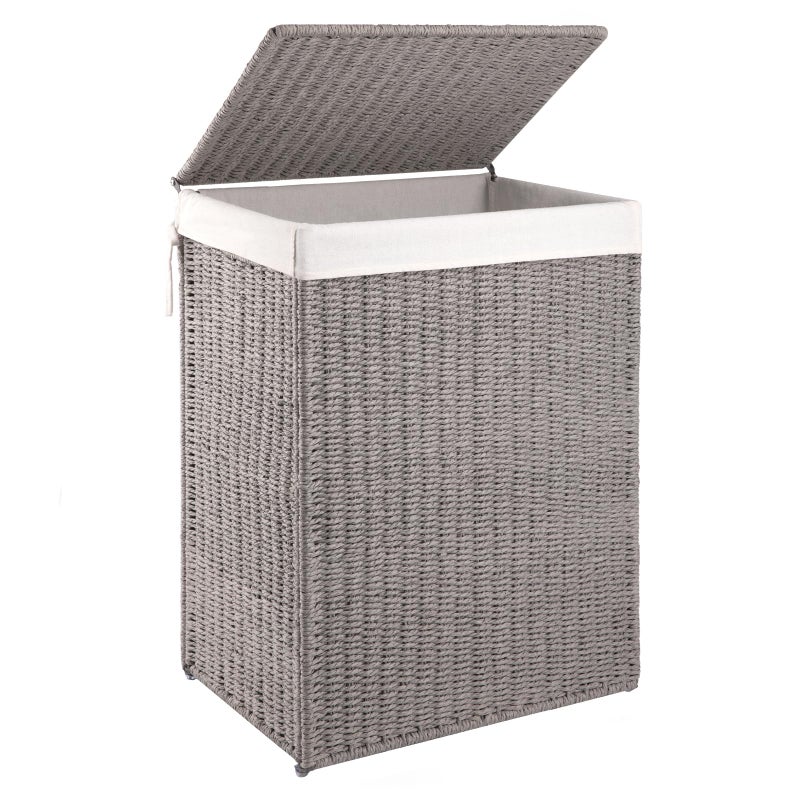 OIAHOMY Laundry Hamper with Lid, 23.8 Gal (90L) Wicker Hamper with Removable Liner Bags, Handwoven Clothes Basket with Handles, Foldable Woven Paper Rope Basket for Laundry Room, Bedroom-Grey - Image 1