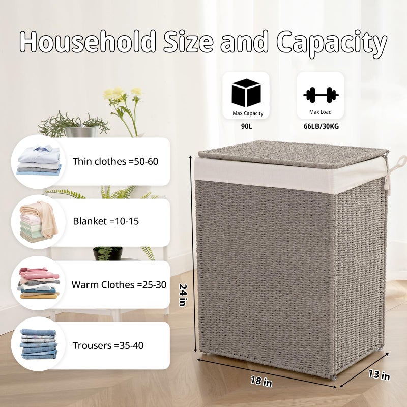 OIAHOMY Laundry Hamper with Lid, 23.8 Gal (90L) Wicker Hamper with Removable Liner Bags, Handwoven Clothes Basket with Handles, Foldable Woven Paper Rope Basket for Laundry Room, Bedroom-Grey - Image 2