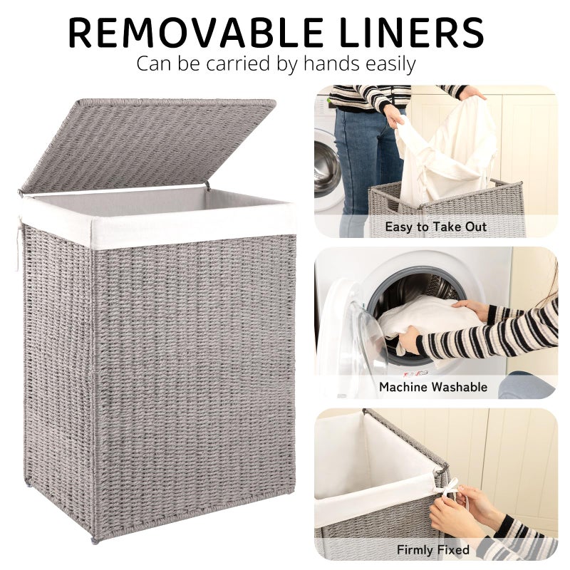 OIAHOMY Laundry Hamper with Lid, 23.8 Gal (90L) Wicker Hamper with Removable Liner Bags, Handwoven Clothes Basket with Handles, Foldable Woven Paper Rope Basket for Laundry Room, Bedroom-Grey - Image 3