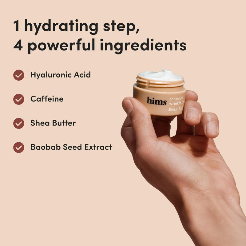 HIMS & HERS hims Goodnight Wrinkle Cream - Hydrating Men's Face Moisturizer with Hyaluronic Acid, Shea Butter & Caffeine - Reduces Wrinkles While You Sleep - 1 fl oz - Image 5